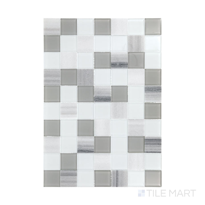 A flat-lay shot of Perfit Mosaix Marmara & Glass 2" Square polished marble mosaic, displaying its structured square pattern and luxurious blend of materials.