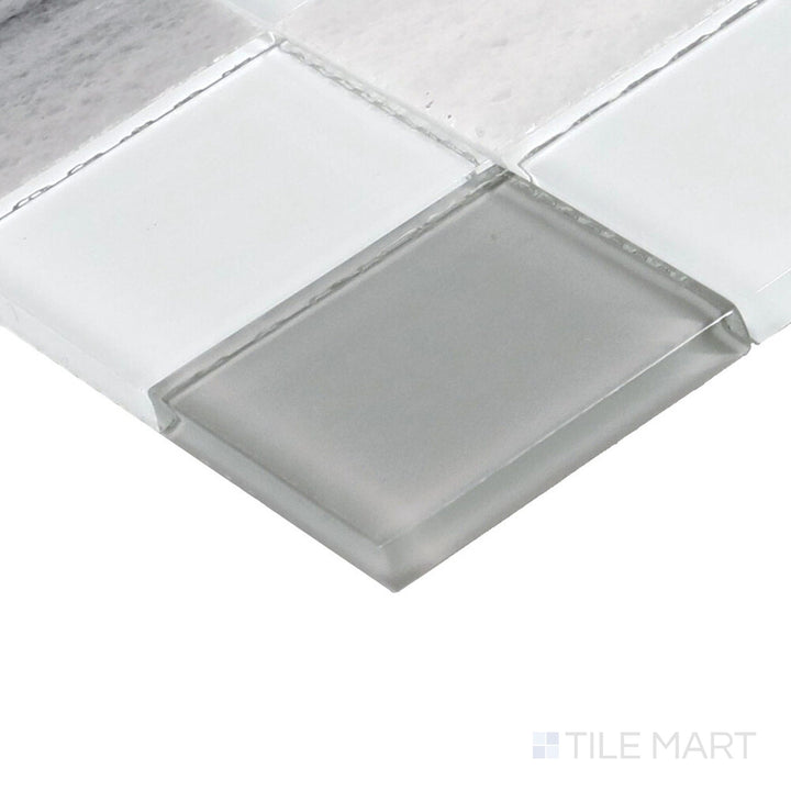 Angled close-up of Perfit Mosaix Marmara & Glass 2" Square Polished Marble Mosaic, showcasing its balanced square layout with Marmara marble and glass highlights.