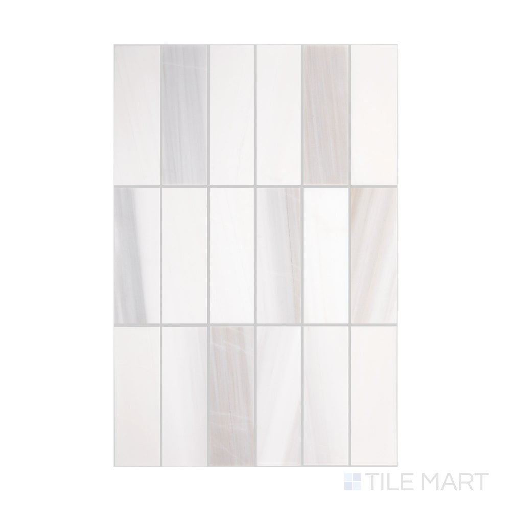 An overview of Perfit Mosaix Calacatta Dolomiti Rectangle honed marble mosaic, emphasizing its soft honed texture and natural veining.