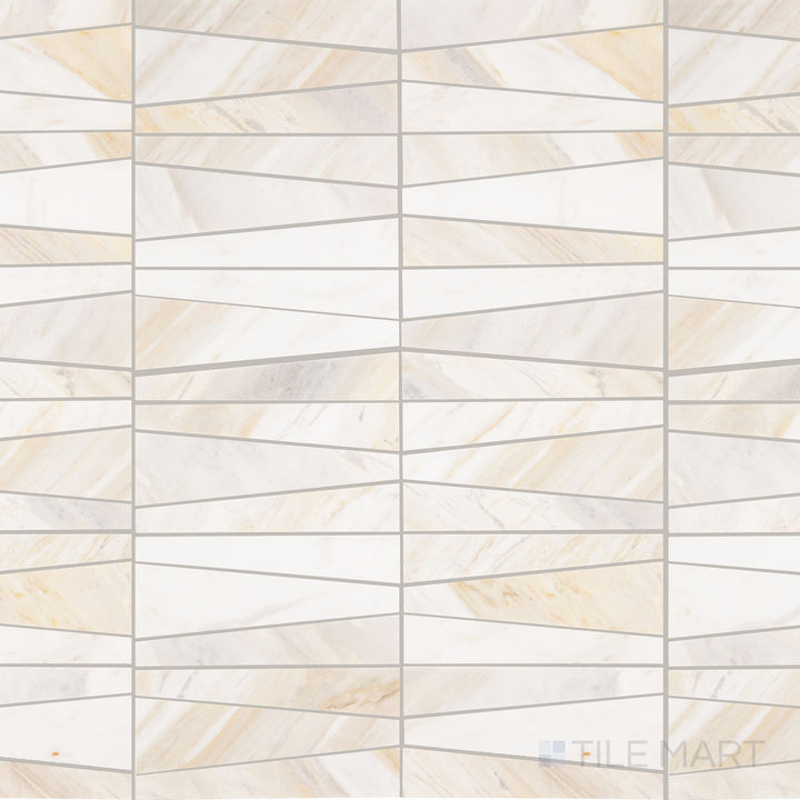 The overhead perspective showcases the Perfit Mosaix Namaste Trapezoid honed marble mosaic tile, featuring a distinctive trapezoid pattern in honed marble, perfect for modern and artistic designs.