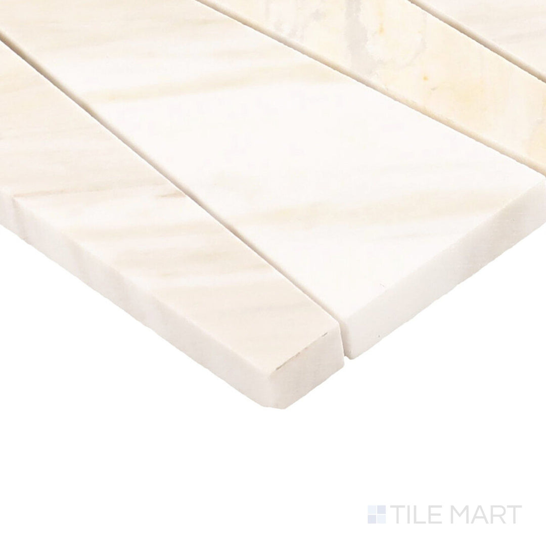 Corner angle of Perfit Mosaix Namaste Trapezoid Honed Marble Mosaic, emphasizing its unique trapezoid pattern with subtle honed textures.