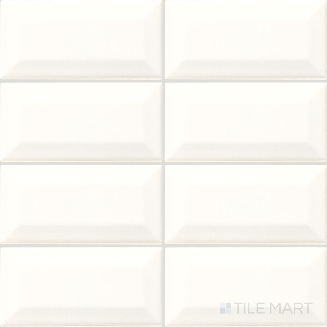 Full product view of the Color Wheel Classic White 3x6 beveled glossy glazed ceramic tile, highlighting its crisp white tone and beveled edge