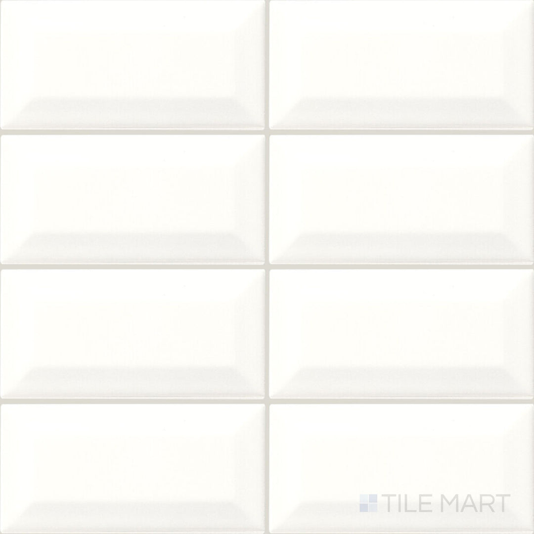 This image presents the Color Wheel Classic Arctic White 3x6 beveled glossy glazed ceramic tile displayed as a clean product overview