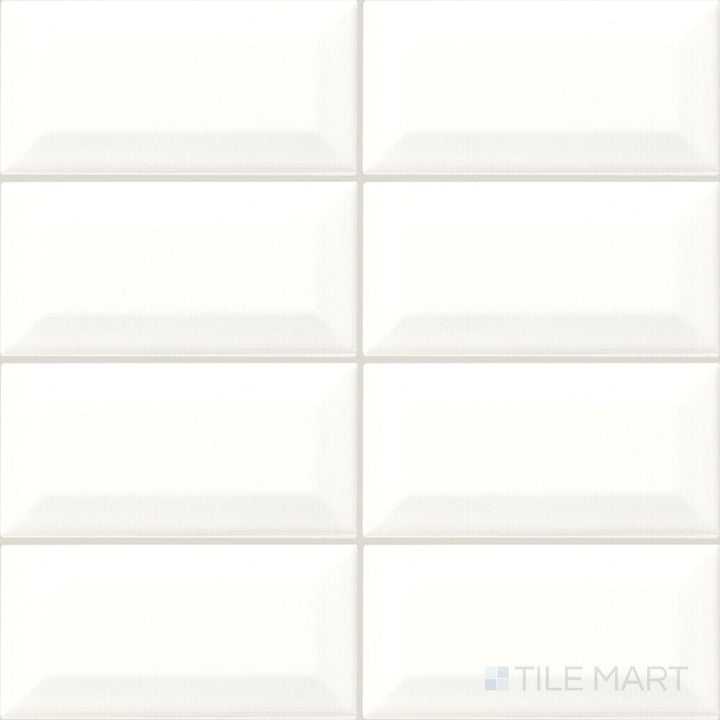 This image presents the Color Wheel Classic Arctic White 3x6 beveled glossy glazed ceramic tile displayed as a clean product overview