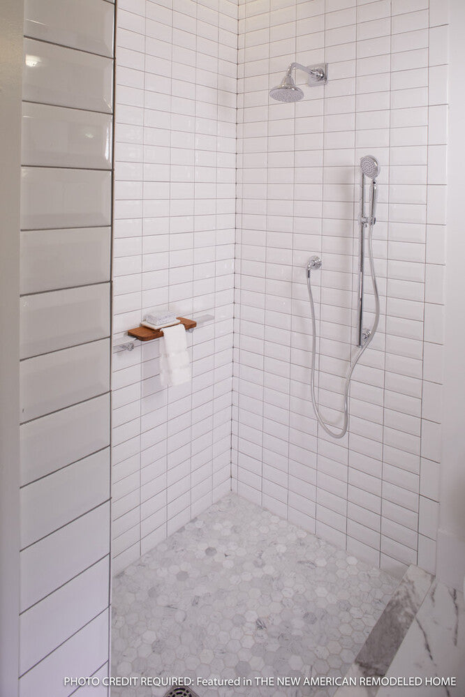 Roomscene of Color Wheel Classic Arctic White 3x6 beveled glossy glazed ceramic tile emphasizing a bright white tone with classic beveled detailing.
