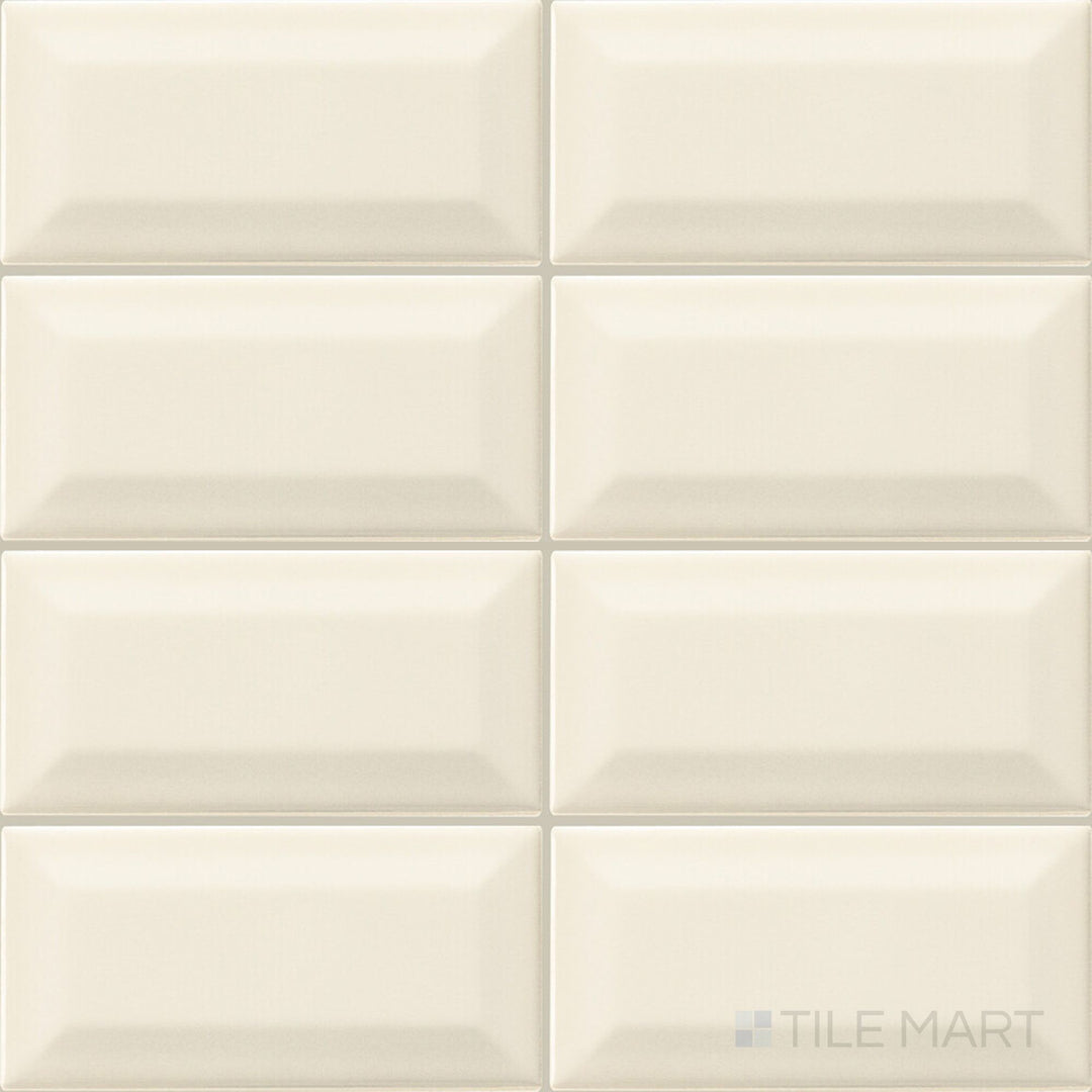 Displayed in full, the Color Wheel Classic Biscuit 3x6 beveled glossy glazed ceramic tile showcases a soft beige tone and classic beveled profile