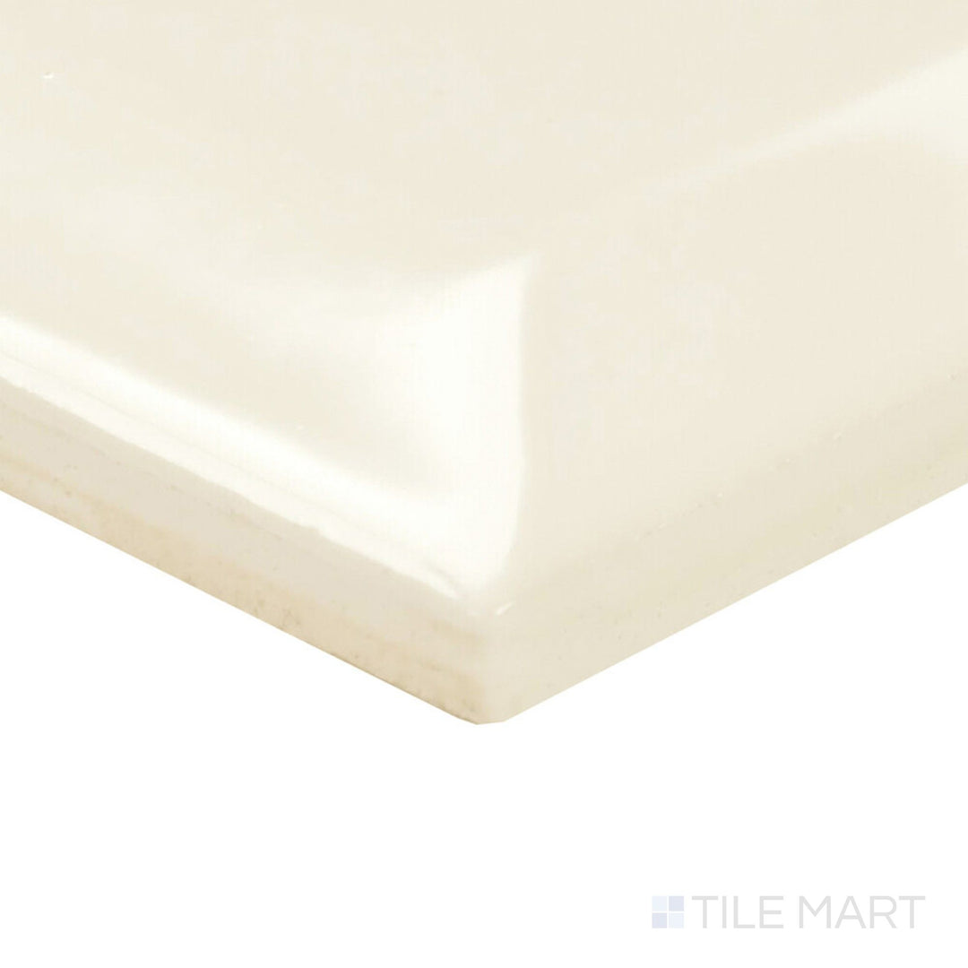 Viewed at the corner, the Color Wheel Classic Biscuit 3x6 beveled glossy ceramic tile offers a soft, creamy hue with classic detailing.