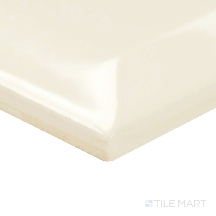 Viewed at the corner, the Color Wheel Classic Biscuit 3x6 beveled glossy ceramic tile offers a soft, creamy hue with classic detailing.
