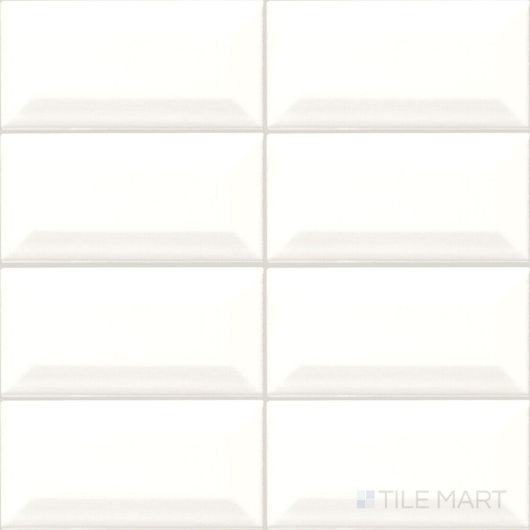 The Color Wheel Classic Arctic White 3x6 beveled matte glazed ceramic tile is shown as a full product view emphasizing its matte finish and beveled edge