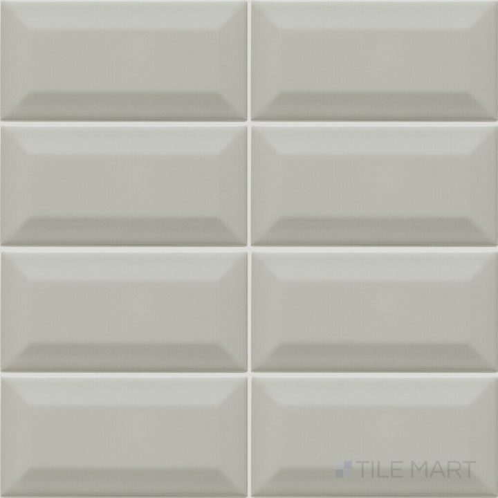 Shown as a complete tile, the Color Wheel Classic Desert Gray 3x6 beveled matte glazed ceramic tile highlights a muted gray color and matte finish