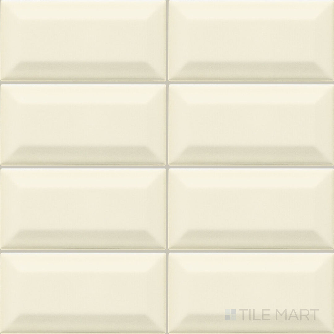 This image presents the Color Wheel Classic Almond 3x6 beveled matte glazed ceramic tile displayed as a clean product overview