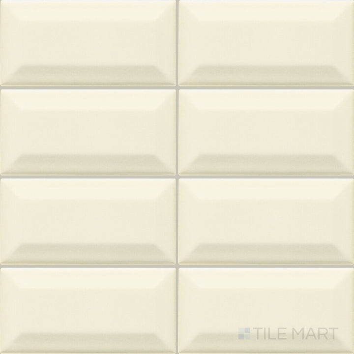 This image presents the Color Wheel Classic Almond 3x6 beveled matte glazed ceramic tile displayed as a clean product overview