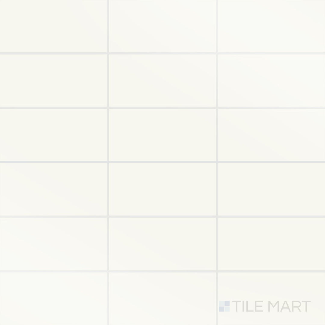 Top-down view of Color Wheel Classic White 3X6 Glossy Glazed Ceramic, showcasing its smooth and reflective surface.