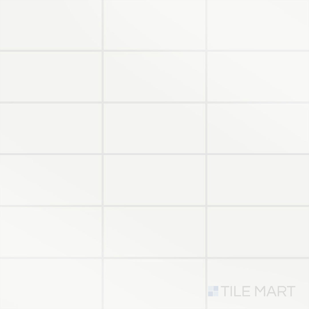 Overhead shot of Color Wheel Classic Arctic White 3X6 Glossy Glazed Ceramic, emphasizing its crisp white tone and glossy finish.