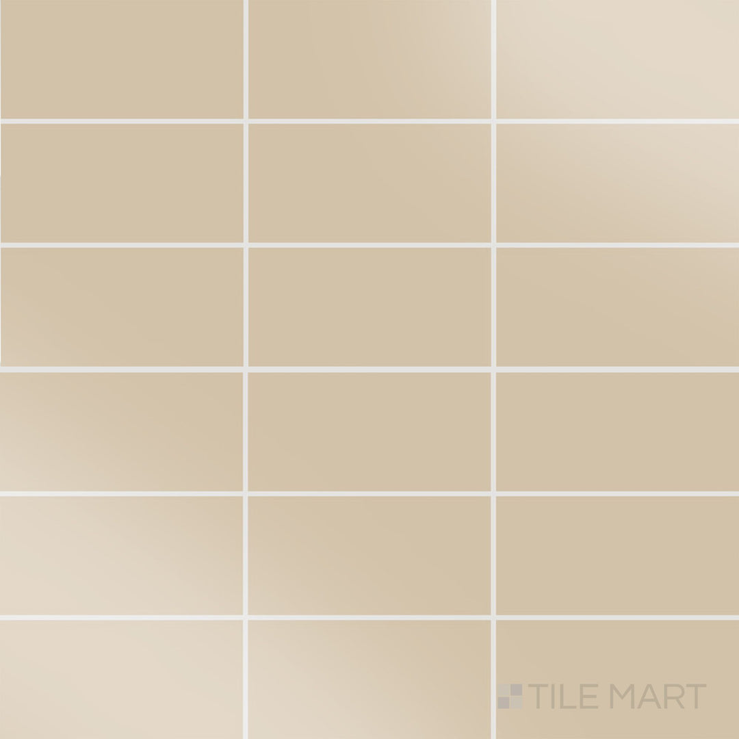 Viewed from the top, the Color Wheel Classic Urban Putty 3x6 glossy glazed ceramic tile displays a subtle beige hue and a lustrous finish, ideal for modern, sophisticated spaces.