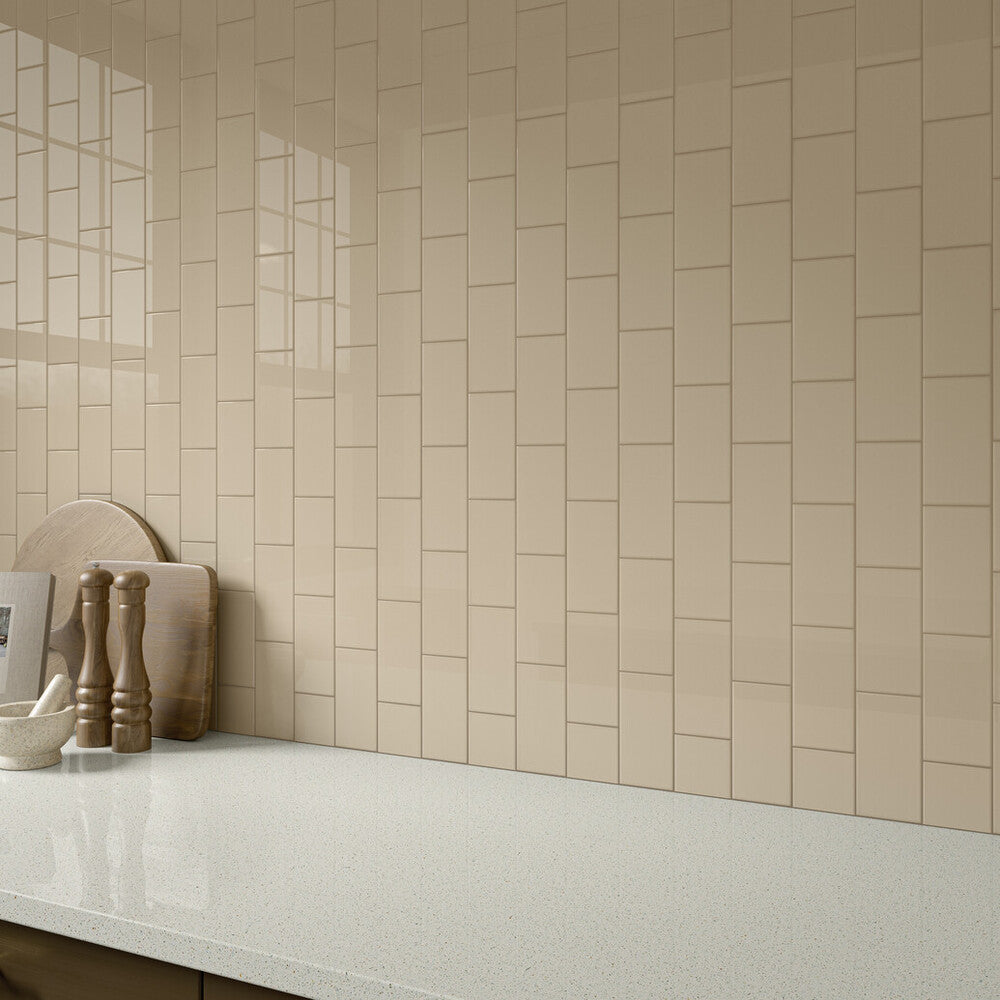Roomscene of Color Wheel Classic Urban Putty 3x6 glossy glazed ceramic tile featuring a balanced beige tone and polished surface that adds urban elegance.