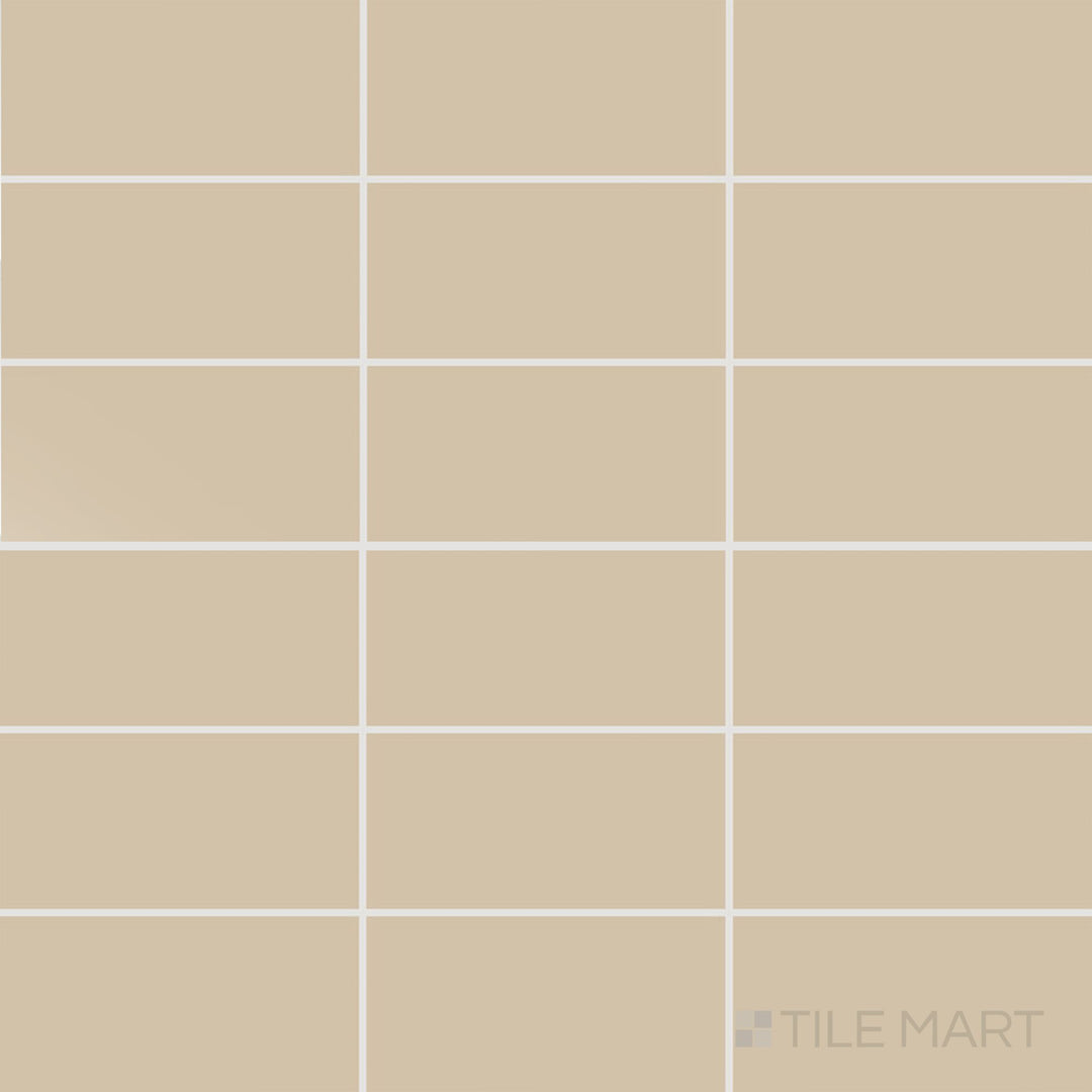 Viewed from the top, the Color Wheel Classic Urban Putty 3x6 matte glazed ceramic tile presents a neutral beige tone with a smooth, non-reflective surface, ideal for understated elegance.