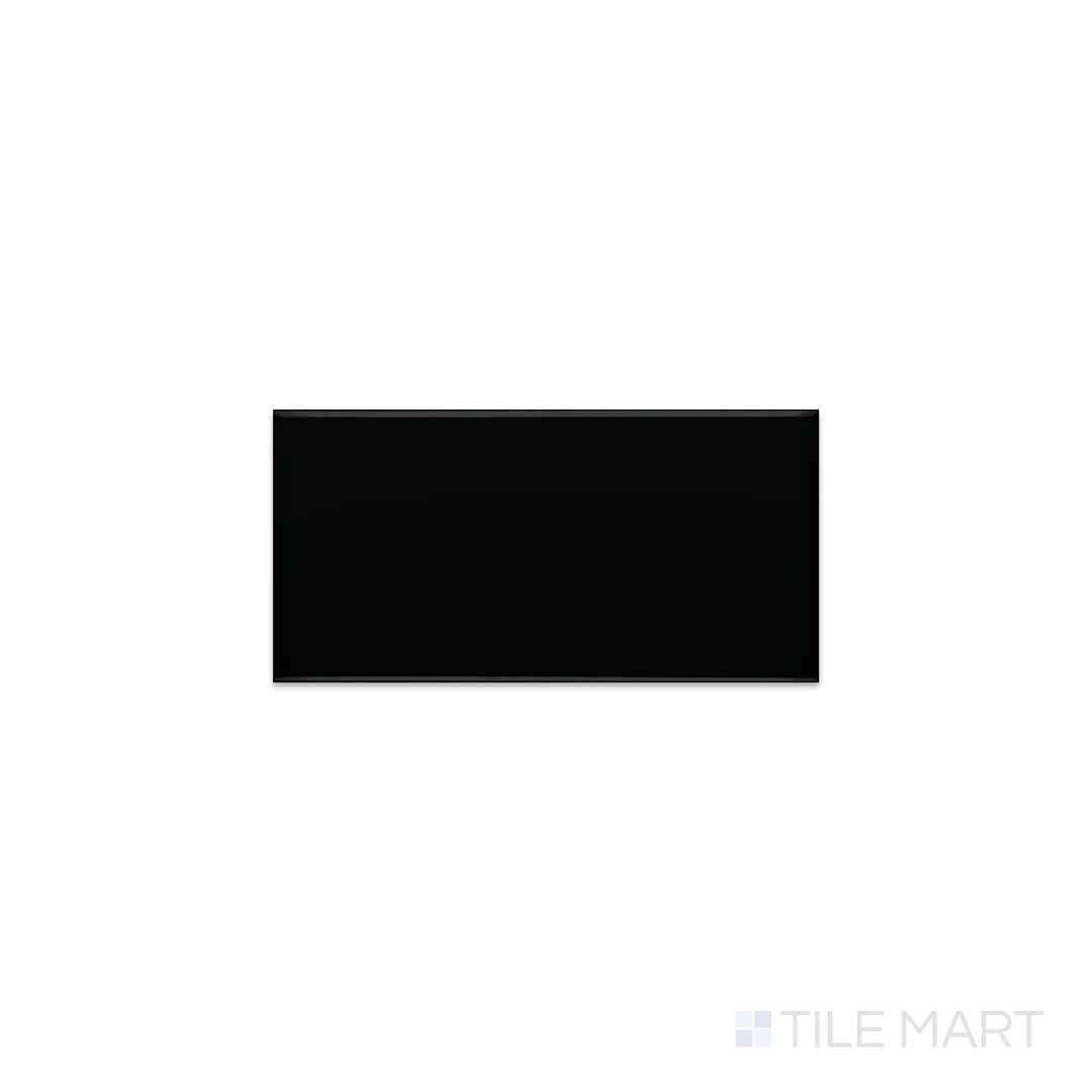 Slanted perspective of Color Wheel Classic Black 3x6 glossy glazed ceramic tile, emphasizing a rich black shade, a polished glossy surface, and a contemporary rectangular profile.  