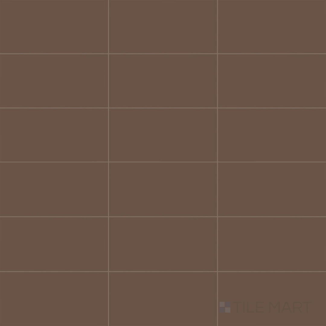 The overhead perspective showcases the Color Wheel Classic Artisan Brown 3x6 matte glazed ceramic tile, featuring a rich brown shade with a velvety matte finish for a warm, inviting look.