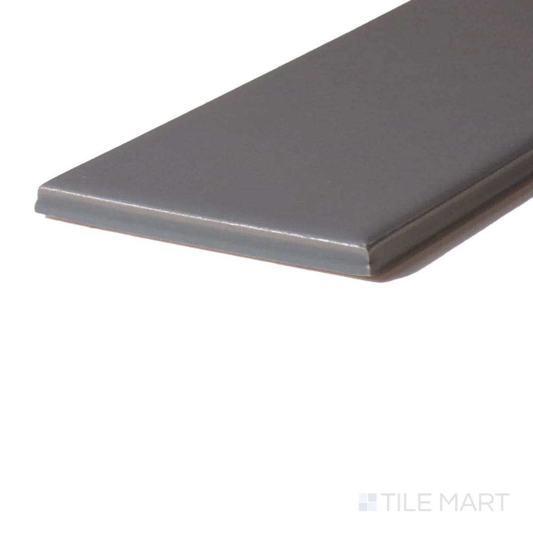 Corner perspective of Color Wheel Classic Suede Gray 3X6 Matte Glazed Ceramic, highlighting its refined gray tone with a non-glossy, smooth surface.
