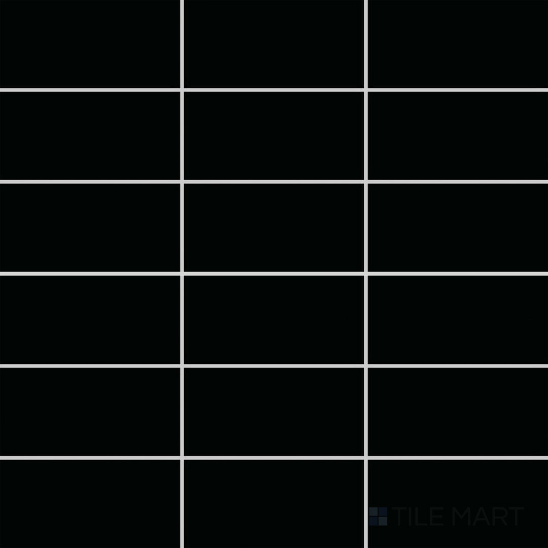 Viewed from the top, the Color Wheel Classic Black 3x6 matte glazed ceramic tile presents a striking deep black color with a velvety matte finish, offering a sophisticated and timeless aesthetic.