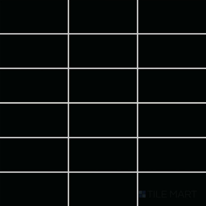 Viewed from the top, the Color Wheel Classic Black 3x6 matte glazed ceramic tile presents a striking deep black color with a velvety matte finish, offering a sophisticated and timeless aesthetic.