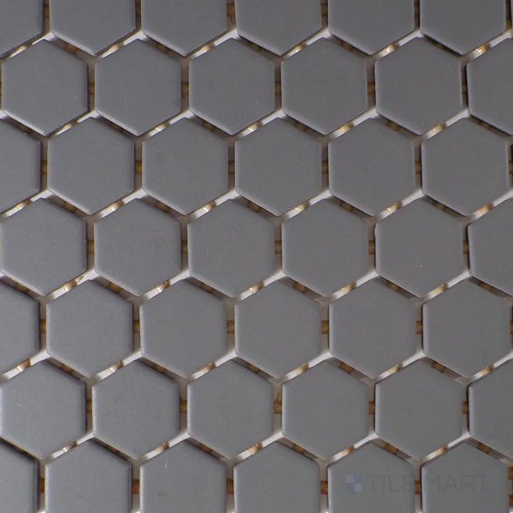 The overhead perspective features the Color Wheel Mosaic Suede Gray 1.5" hexagon matte glazed ceramic tile, offering a refined gray tone with a soft, non-glossy finish, ideal for modern interiors.
