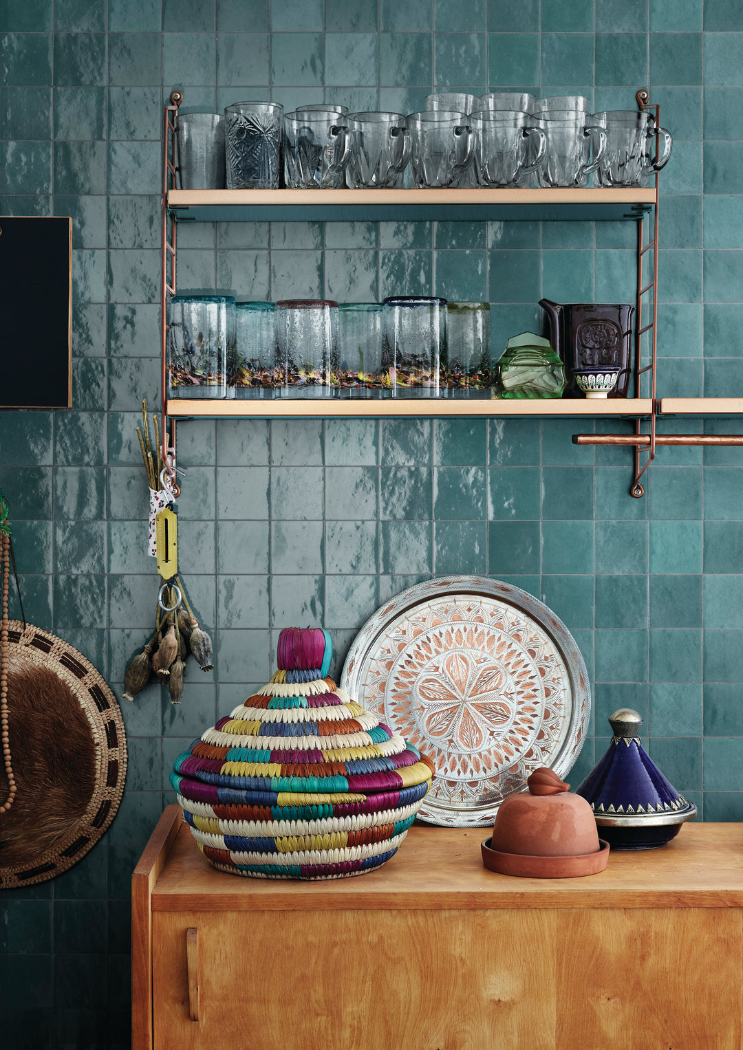 Roomscene highlighting Zellige Neo Petrolio 4x4 glossy glazed ceramic tile with its rich, moody hue and artisanal surface lending handcrafted charm and depth.