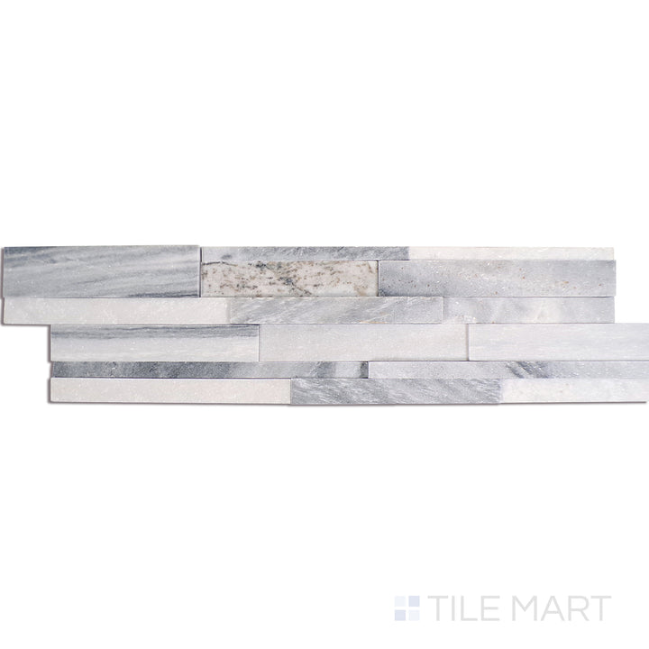 Angled shot of ALASKA GRAY 3D HONED 6x24 PANEL  MARBLE PANEL with a HONED finish, revealing the depth of the product with a skewed visual perspective.