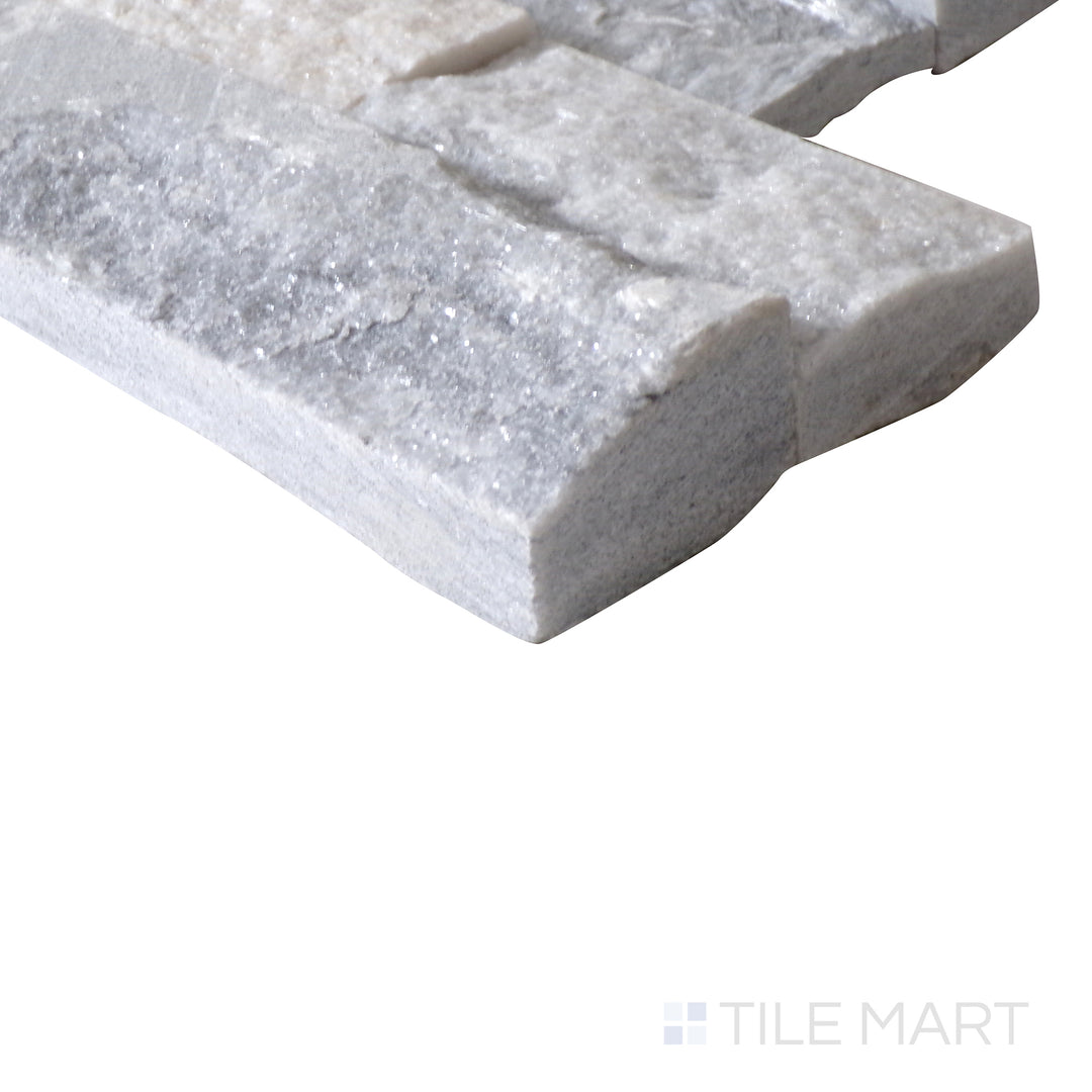 Corner shot of Rockmount GRAY 6x24 PANEL  MARBLE PANEL with a SPLITFACE finish, capturing the thickness and material depth from an angled corner perspective.