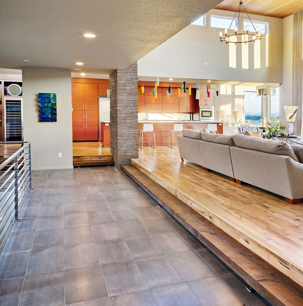 Displaying the refined texture of AMBER FALLS LEDGER CORNER QUARTZITE PANEL with a SPLITFACE finish, providing a durable yet stylish look to the interior.