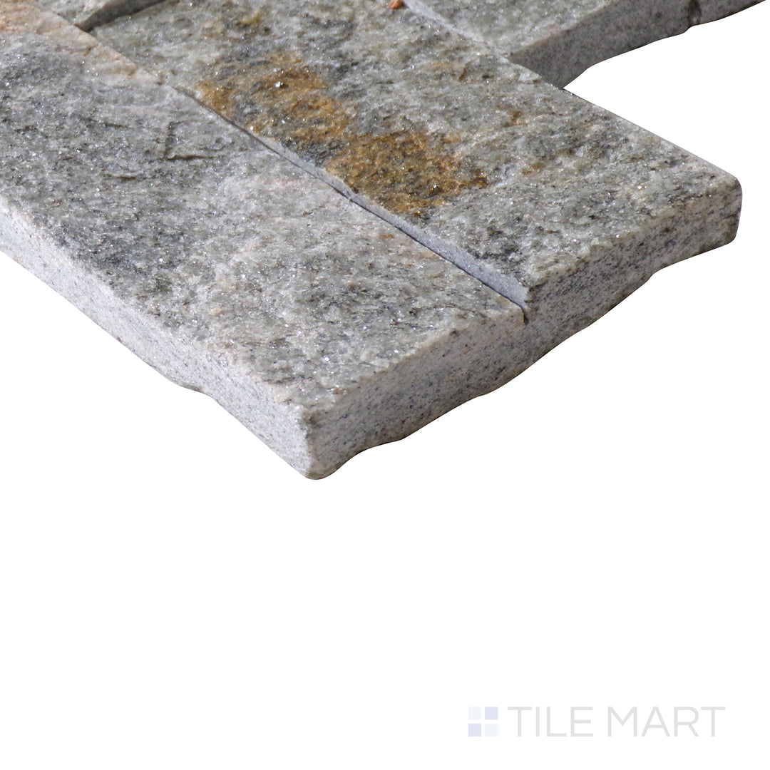 Corner shot of Rockmount AMBER FALLS 6x24 PANEL  QUARTZITE PANEL with a SPLITFACE finish, capturing the thickness and material depth from an angled corner perspective.