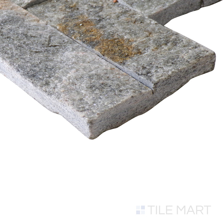 Corner shot of Rockmount AMBER FALLS 6x24 PANEL  QUARTZITE PANEL with a SPLITFACE finish, capturing the thickness and material depth from an angled corner perspective.