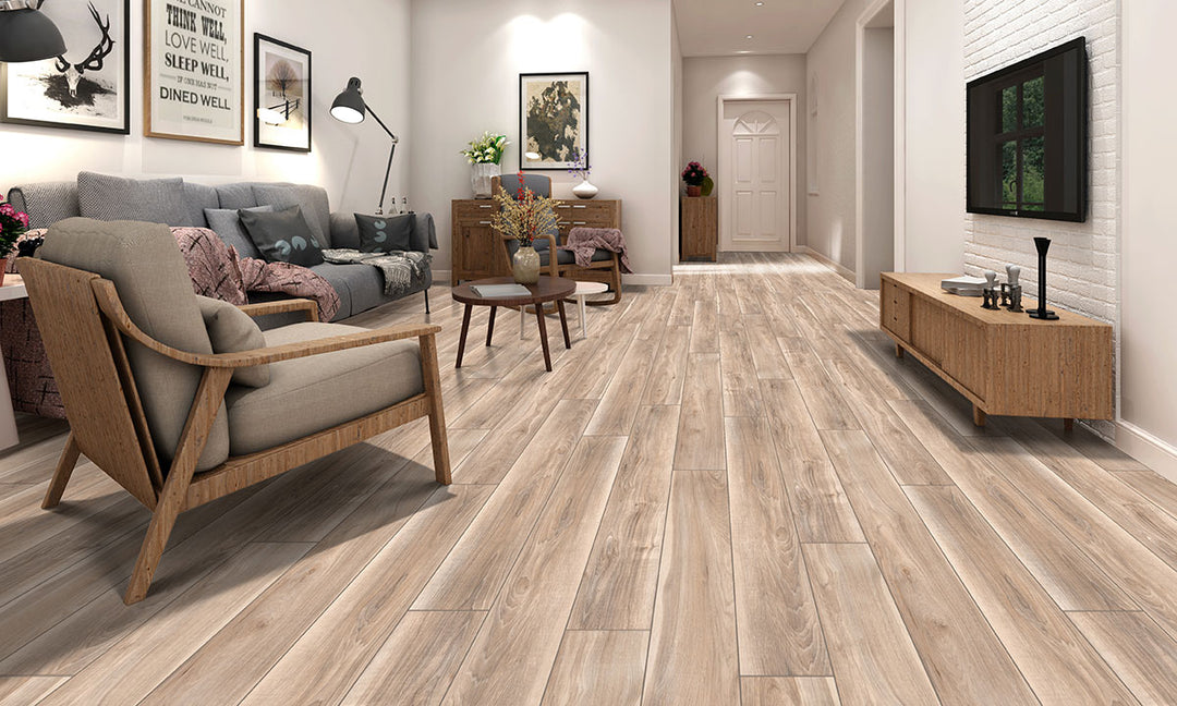 A warm and classic wood-look aesthetic with Andover Bayhill Blonde 7X48 Low Gloss Luxury Plank Vinyl, featuring soft golden tones and realistic grain texture.