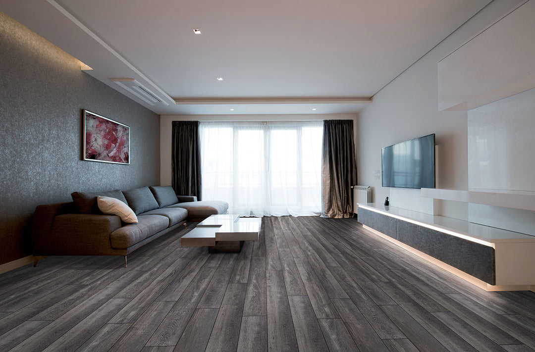 Chic living area with Andover Dakworth 7x48 low gloss luxury plank vinyl, combining durability with timeless charm.