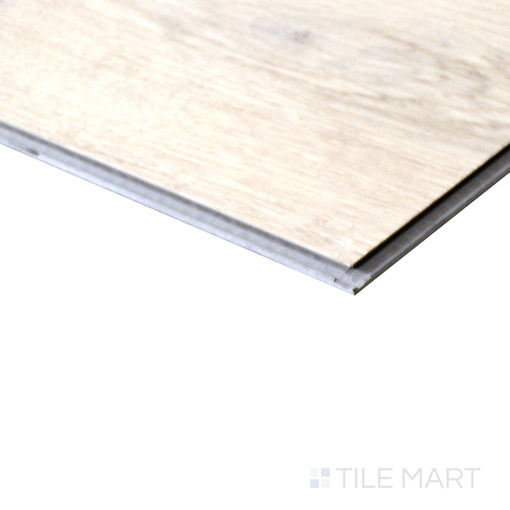 Corner shot of ANDOVER WHITBY WHITE 7x48 VINYL TILE with a LOW GLOSS finish, showing the robust material and finely finished edge through a focused corner view.