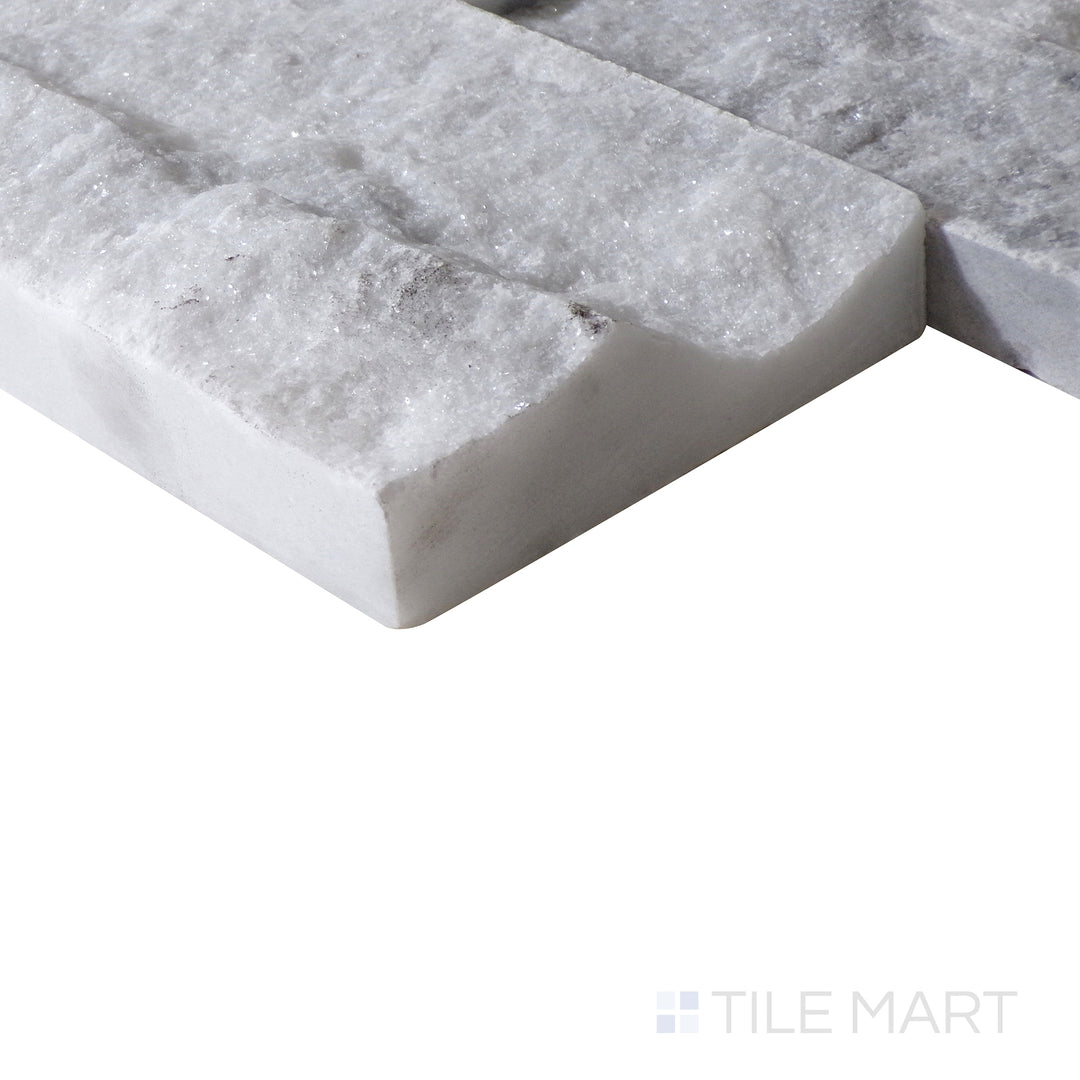 Corner shot of ARABESCATO CARRARA SPLITFACE 6x24 PANEL  MARBLE PANEL with a SPLITFACE finish, demonstrating the sturdy material and its subtle layering at the corner.