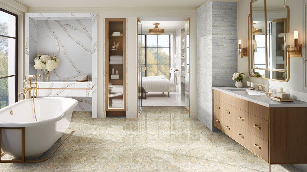 Emphasizing the beauty of ARCTIC WHITE LEDGER CORNER MARBLE PANEL with a SPLITFACE finish, adding a touch of warmth and texture to the space.