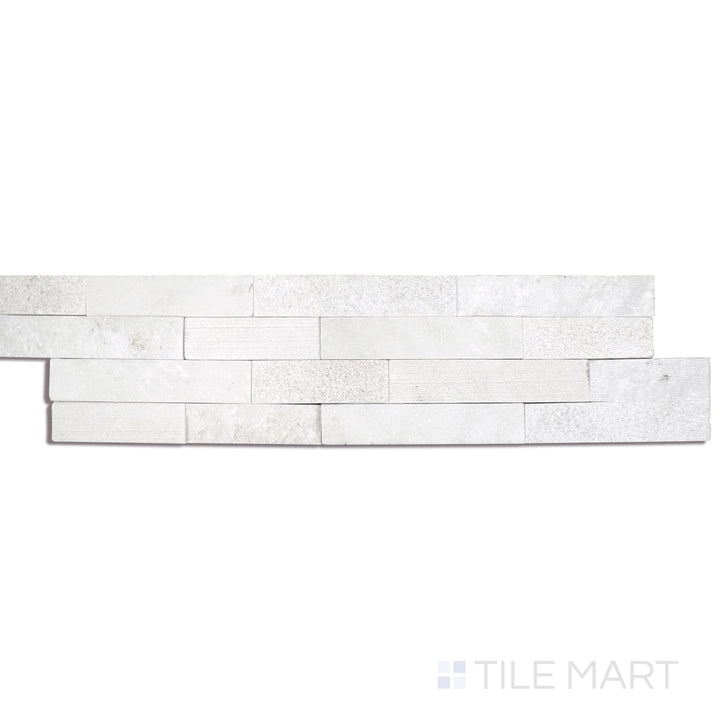 Angled shot of ARCTIC WHITE MULTI FINISH 6X24 PANEL MARBLE PANEL with a MULTI FINISH finish, revealing the depth of the product with a skewed visual perspective.