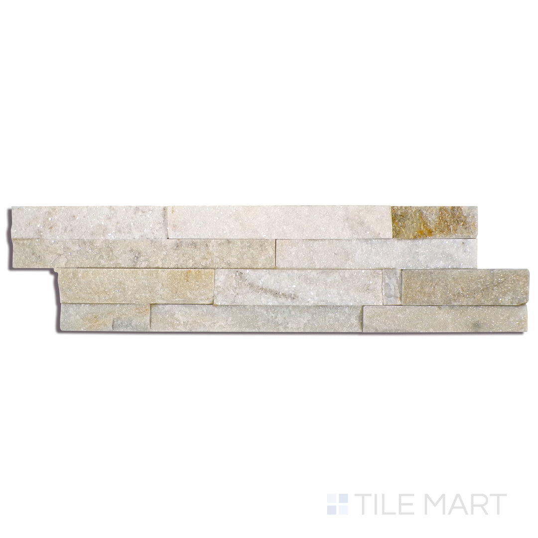 Angled shot of ARCTIC GOLDEN SPLITFACE 6x24 PANEL  QUARTZITE PANEL with a SPLITFACE finish, providing a sharp, angled view to emphasize the product's texture and quality.