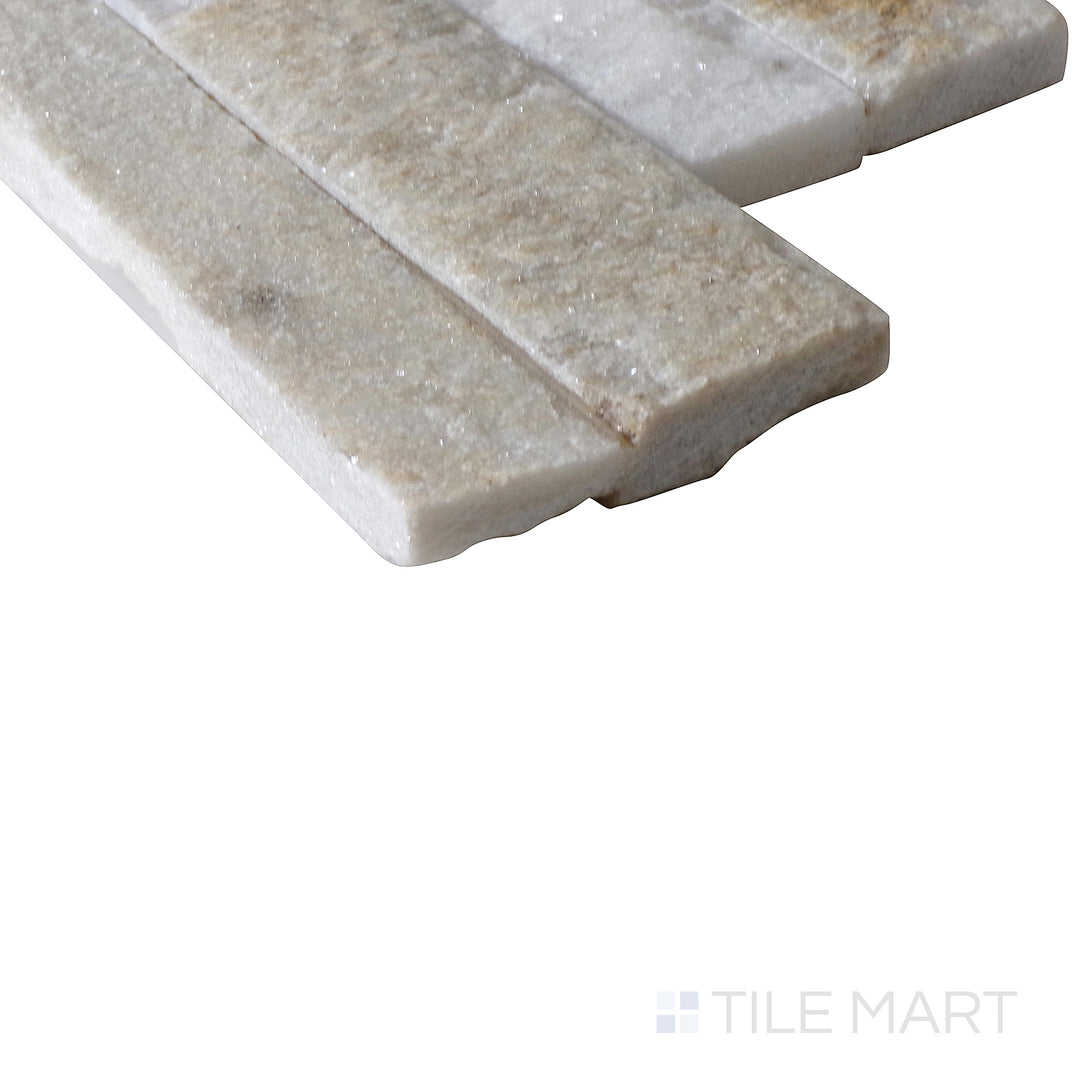 Corner shot of Rockmount ARCTIC GOLDEN SPLITFACE 6x24 PANEL  QUARTZITE PANEL with a SPLITFACE finish, capturing the thickness and material depth from an angled corner perspective.