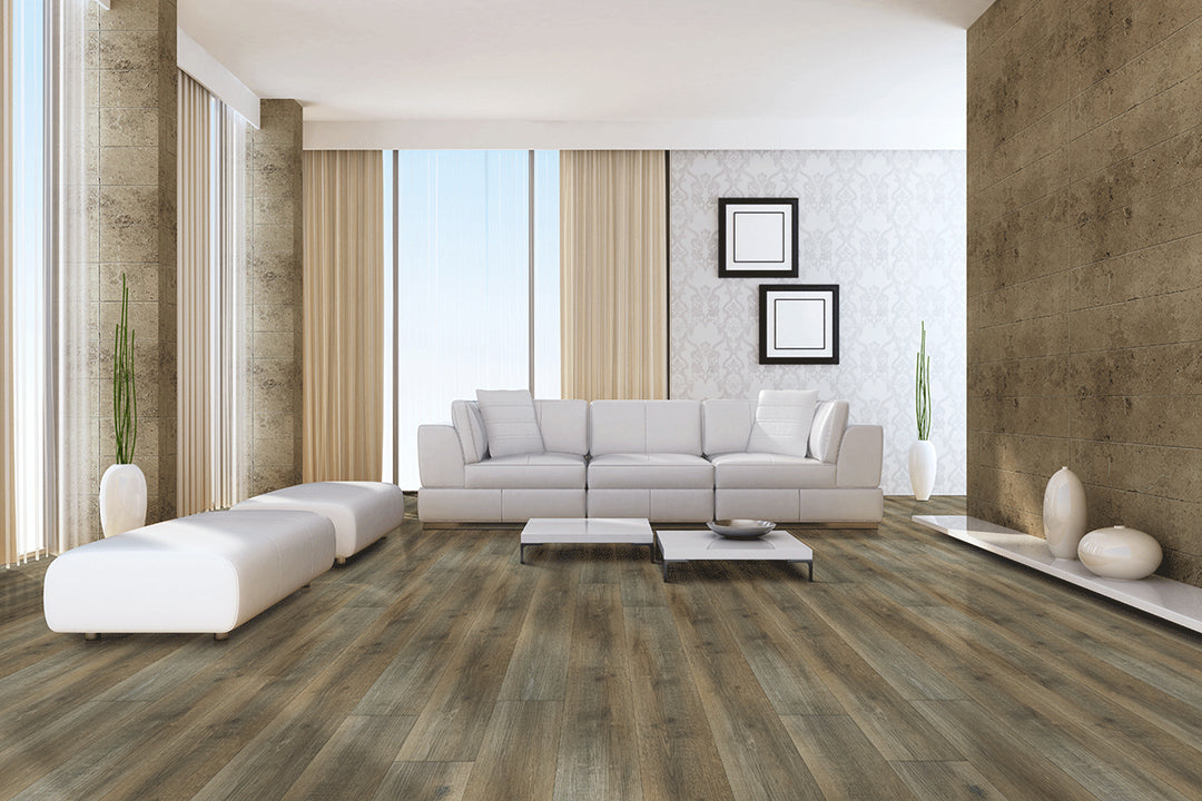 Roomscene featuring Ashton XL Maracay Brown 9X60 Low Gloss Luxury Vinyl Plank in a modern setting.
