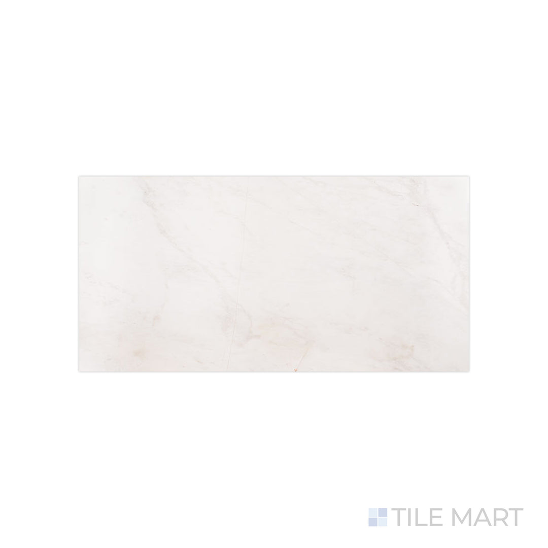 Angled shot of BIANCO DOLOMITE 12X24 POLISHED MARBLE TILE with a POLISHED finish, revealing the depth of the product with a skewed visual perspective.