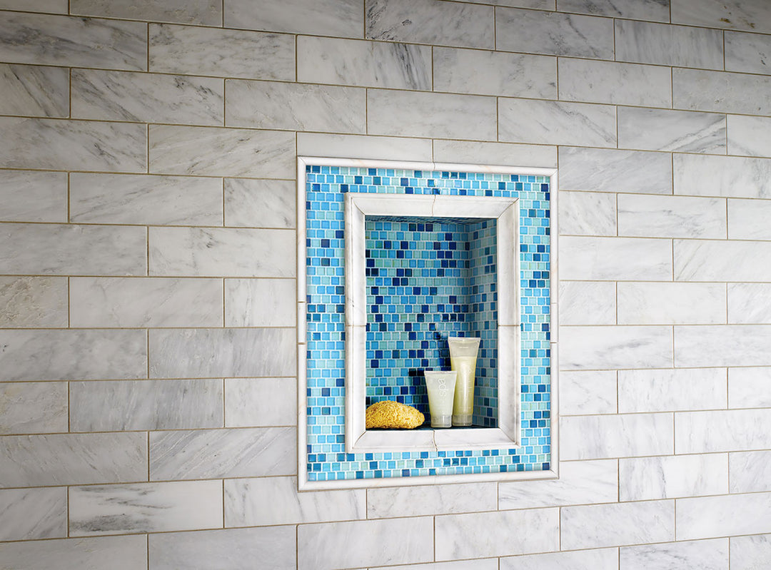 Highlighting the elegance of BIANCO DOLOMITE PENCIL MOLDING MARBLE TRIM with a POLISHED finish, creating a relaxed atmosphere with its serene presence.