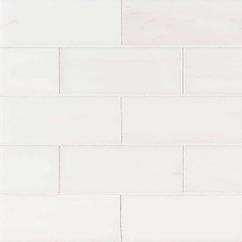 Top-down view of BIANCO DOLOMITE 3X6 MARBLE TILE in POLISHED finish, revealing the intricate design and material finish.