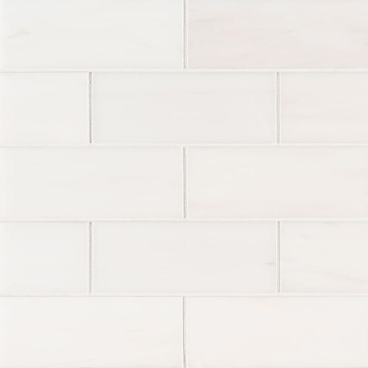 Top-down view of BIANCO DOLOMITE 3X6 MARBLE TILE in POLISHED finish, revealing the intricate design and material finish.