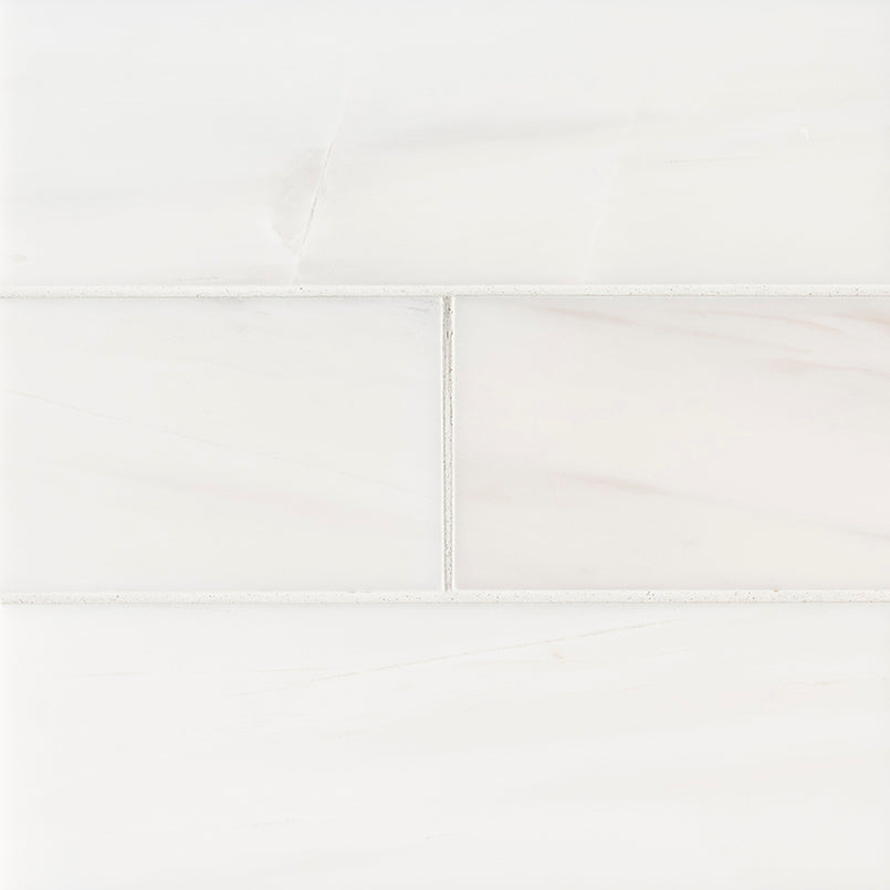 Top-down view of BIANCO DOLOMITE 4X12 MARBLE TILE in POLISHED finish, featuring the surface texture and natural color blend.