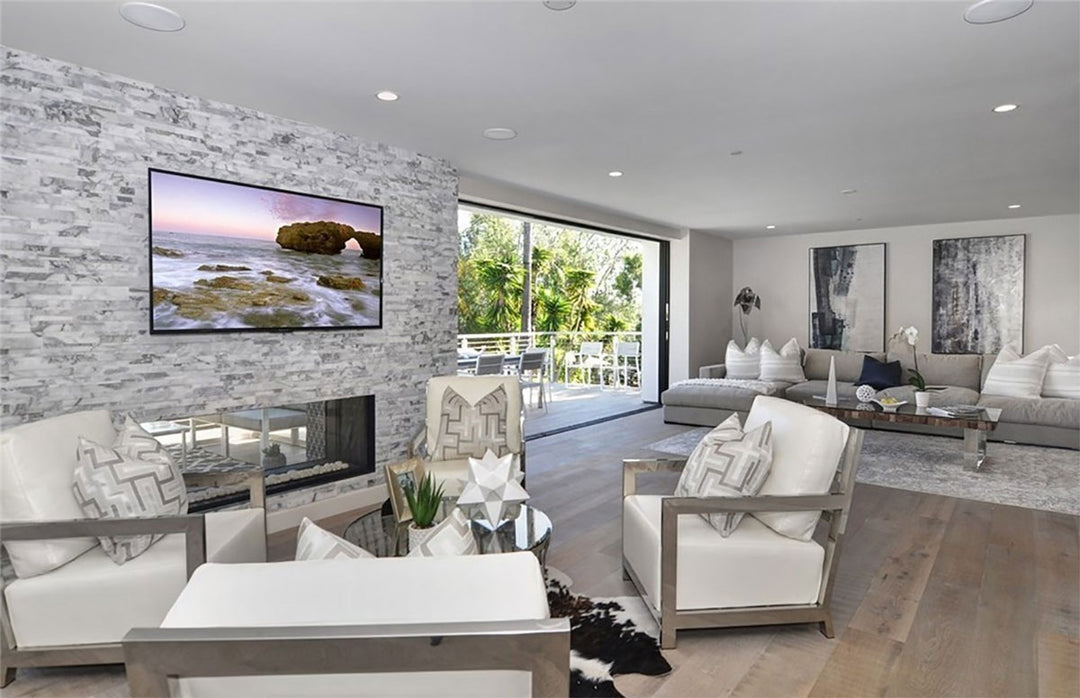 A contemporary and sophisticated design with Rockmount Cressa 6X24 Stacked Stone Panel Honed Marble, offering soft gray hues and a smooth honed finish.