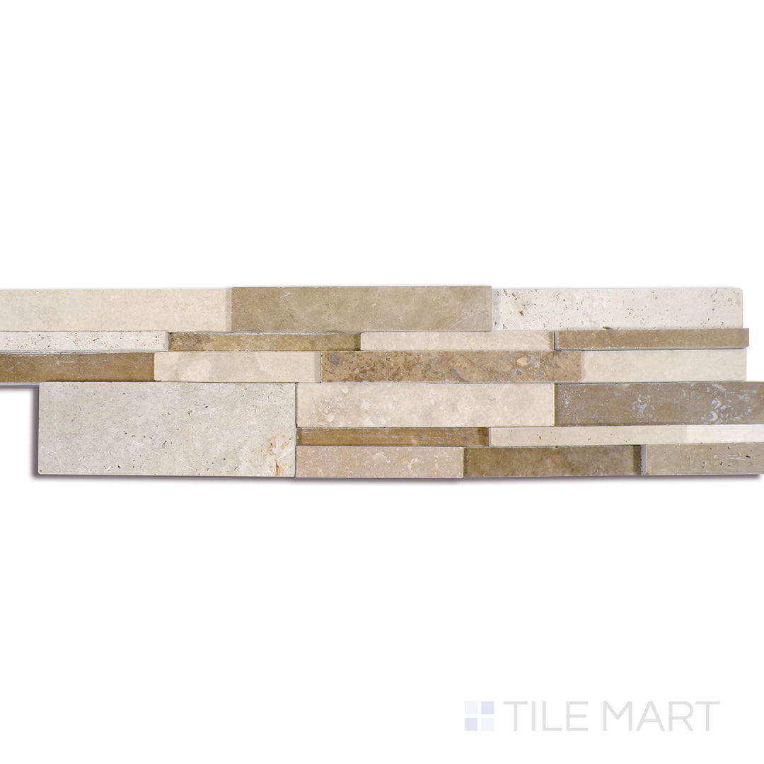 Angled shot of CASA BLEND 3D HONED 6x24 PANEL  TRAVERTINE PANEL with a HONED finish, demonstrating the material's surface and texture with a diagonal shot.