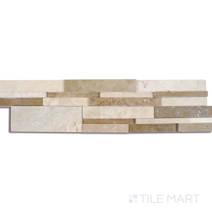 Angled shot of CASA BLEND 3D HONED 6x24 PANEL  TRAVERTINE PANEL with a HONED finish, demonstrating the material's surface and texture with a diagonal shot.